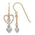 14k Tri-color Diamond Cut Heart Dangle Earrings