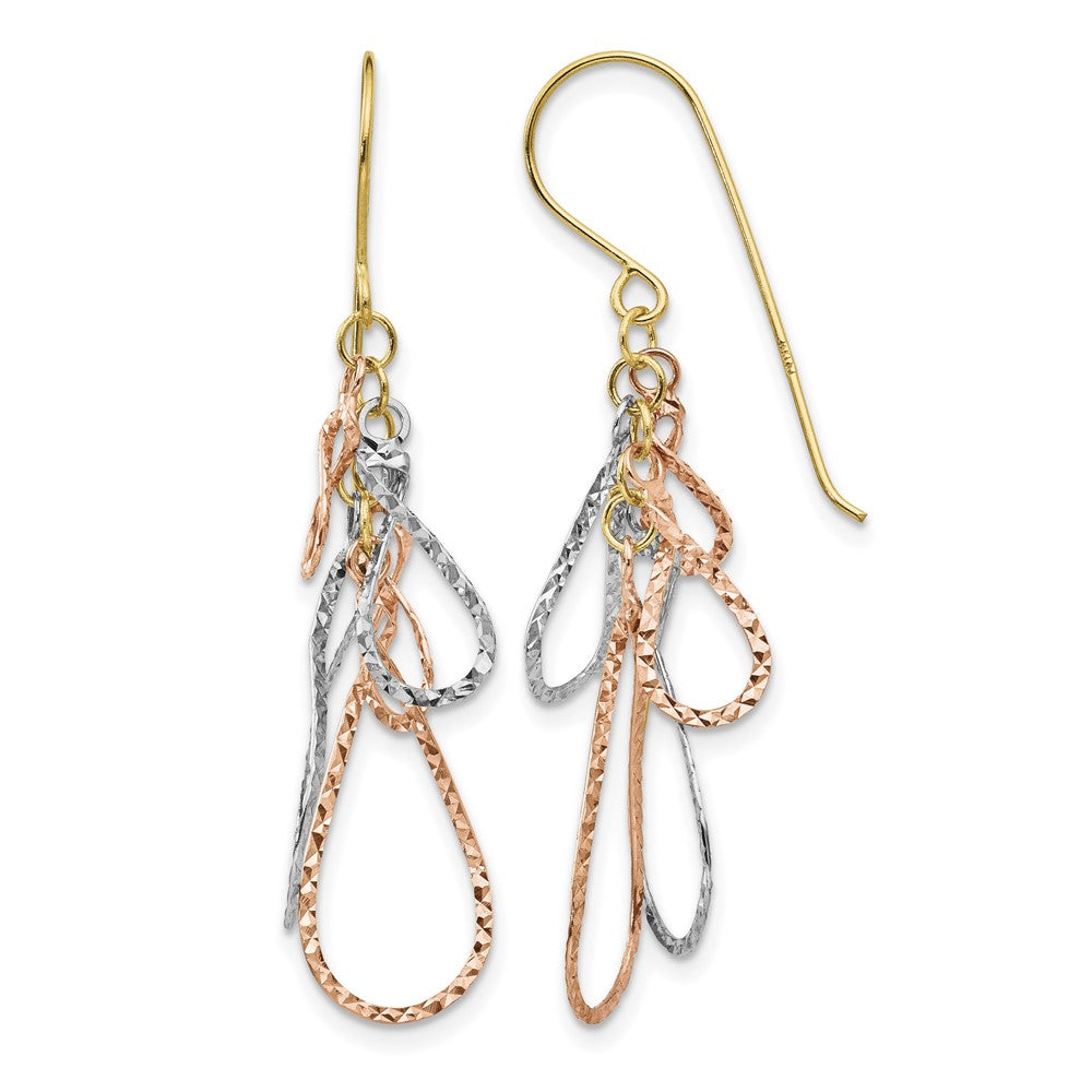 14K Tri-color Diamond Cut Tear Drop Dangle Earrings