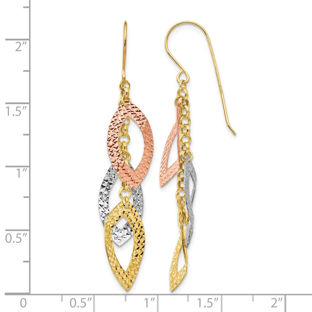 14K Diamond Cut Tri-color Tear Drop Shepherd Hook Earrings
