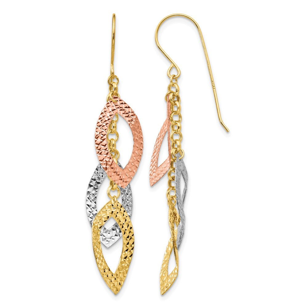 14K Diamond Cut Tri-color Tear Drop Shepherd Hook Earrings