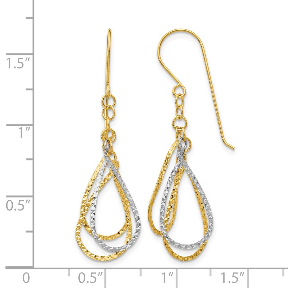 14K Two-tone Diamond Cut Tear Drop Shepherd Hook Earrings