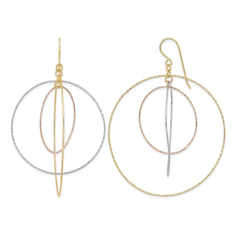 14k Tri-color Diamond Cut Graduated Circles Shepherd Hook Earrings