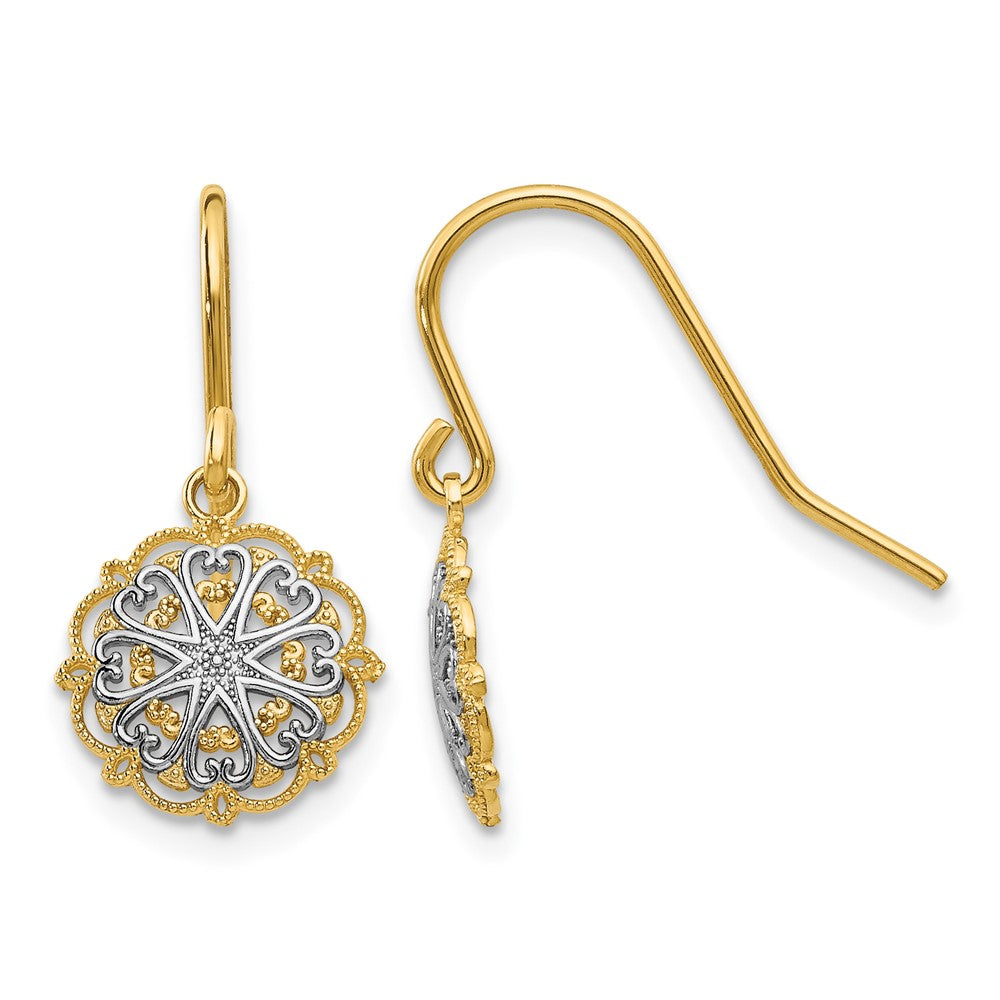14k & Rhodium Polished and Textured Dangle Earrings