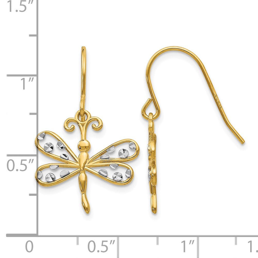 14k & Rhodium Diamond-cut Dragonfly Shepherd Hook Earrings