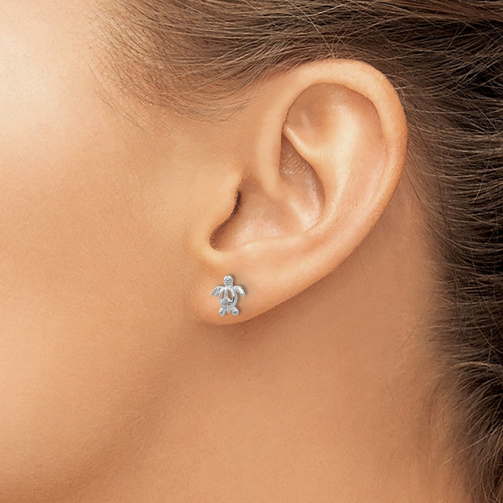 14k White Gold Peace Turtle Post Earrings