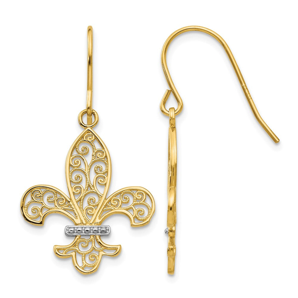 14k & Rhodium Fleur de lis Shepherd Hook Earrings