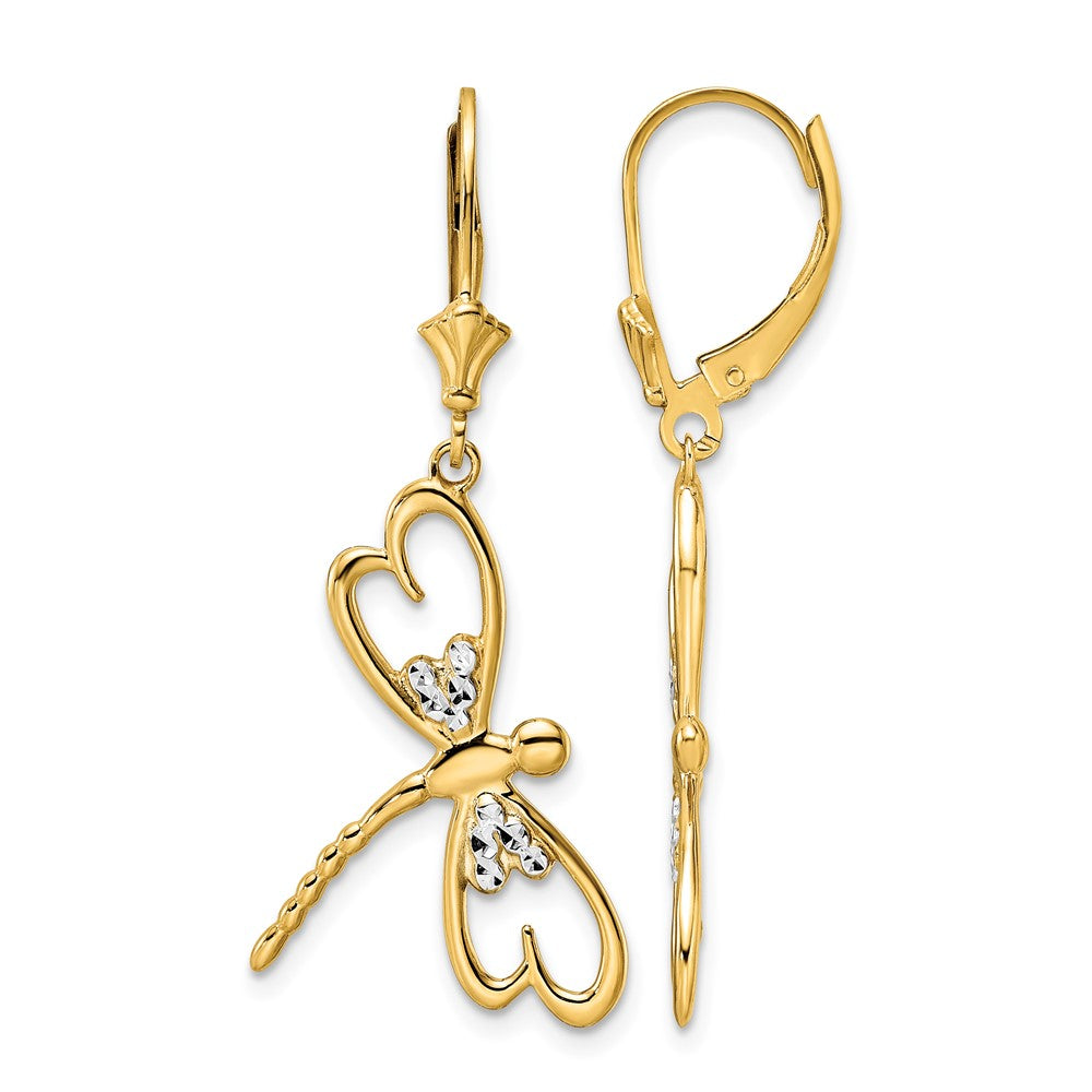 14k & White Rhodium D/C Dragonfly Leverback Earrings