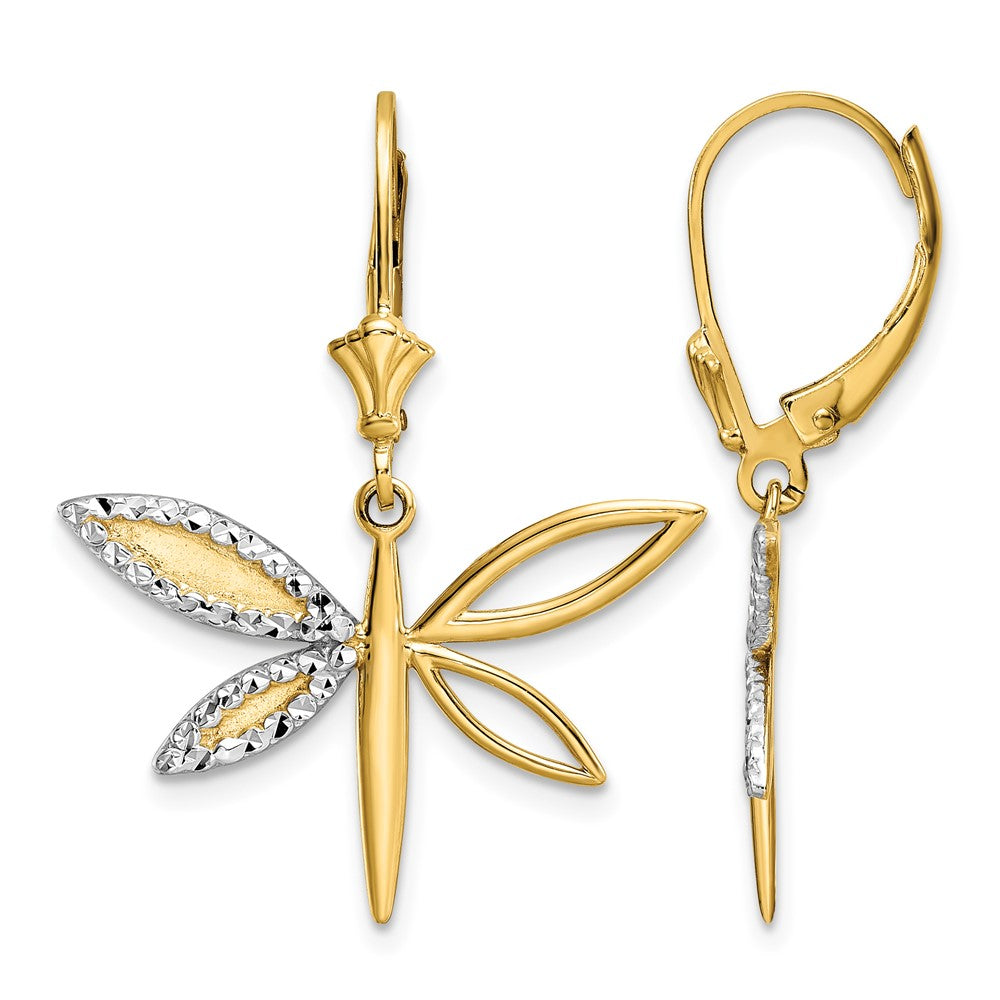 14k & White Rhodium D/C Dragonfly Leverback Earrings