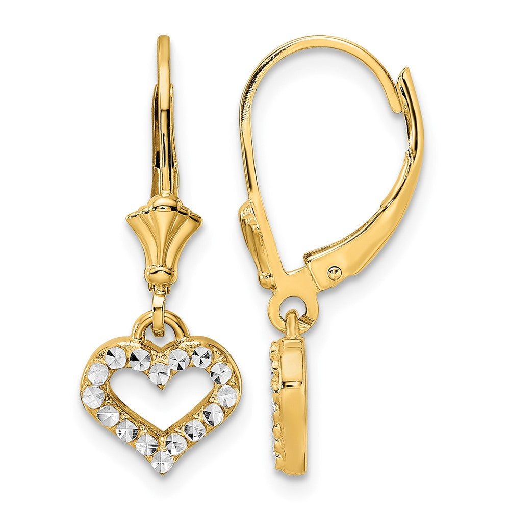 14k & White Rhodium D/C Heart Leverback Earrings
