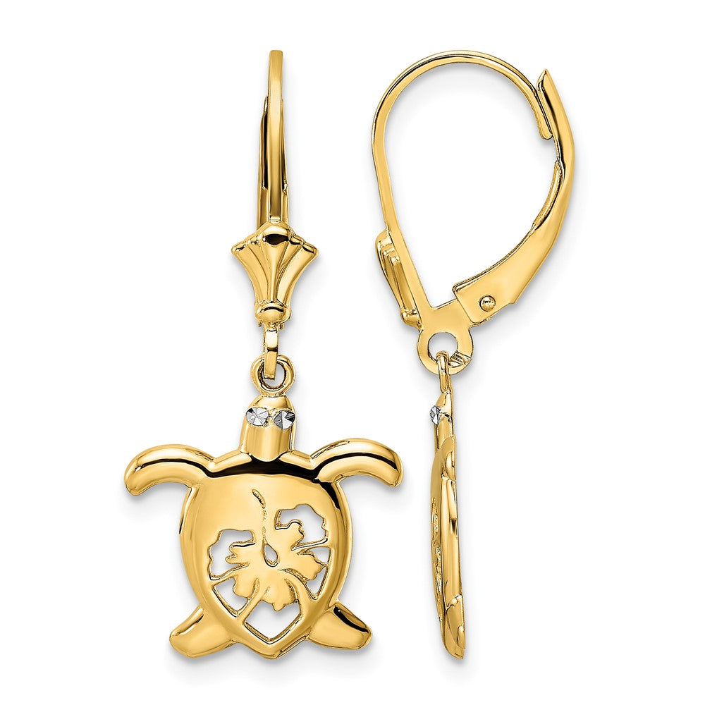 14k & White Rhodium D/C Floral Turtle Leverback Earrings