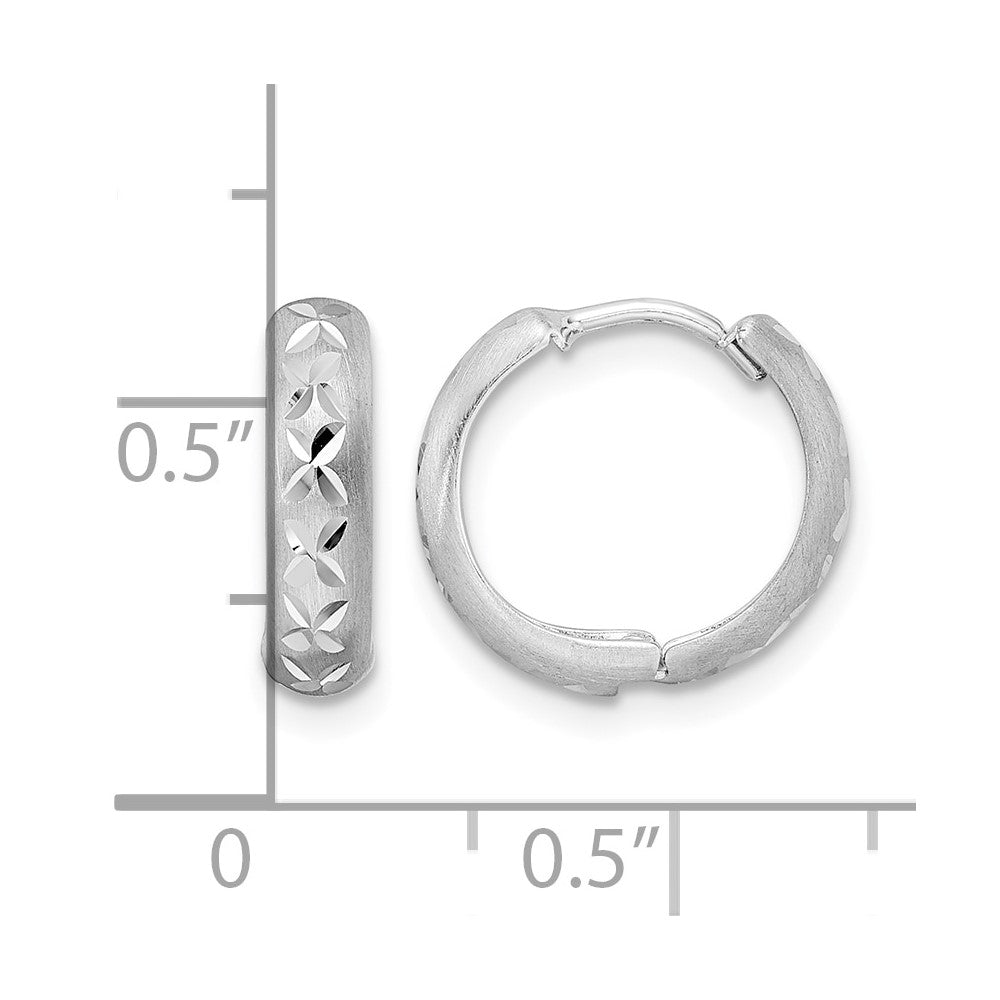 14k White Gold Diamond-cut X Satin 3x13mm Hinged Hoop Earrings