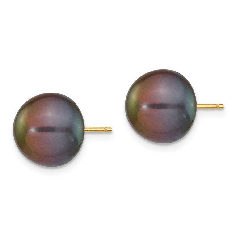 14k 10-11mm Black Button FW Cultured Pearl Stud Post Earrings