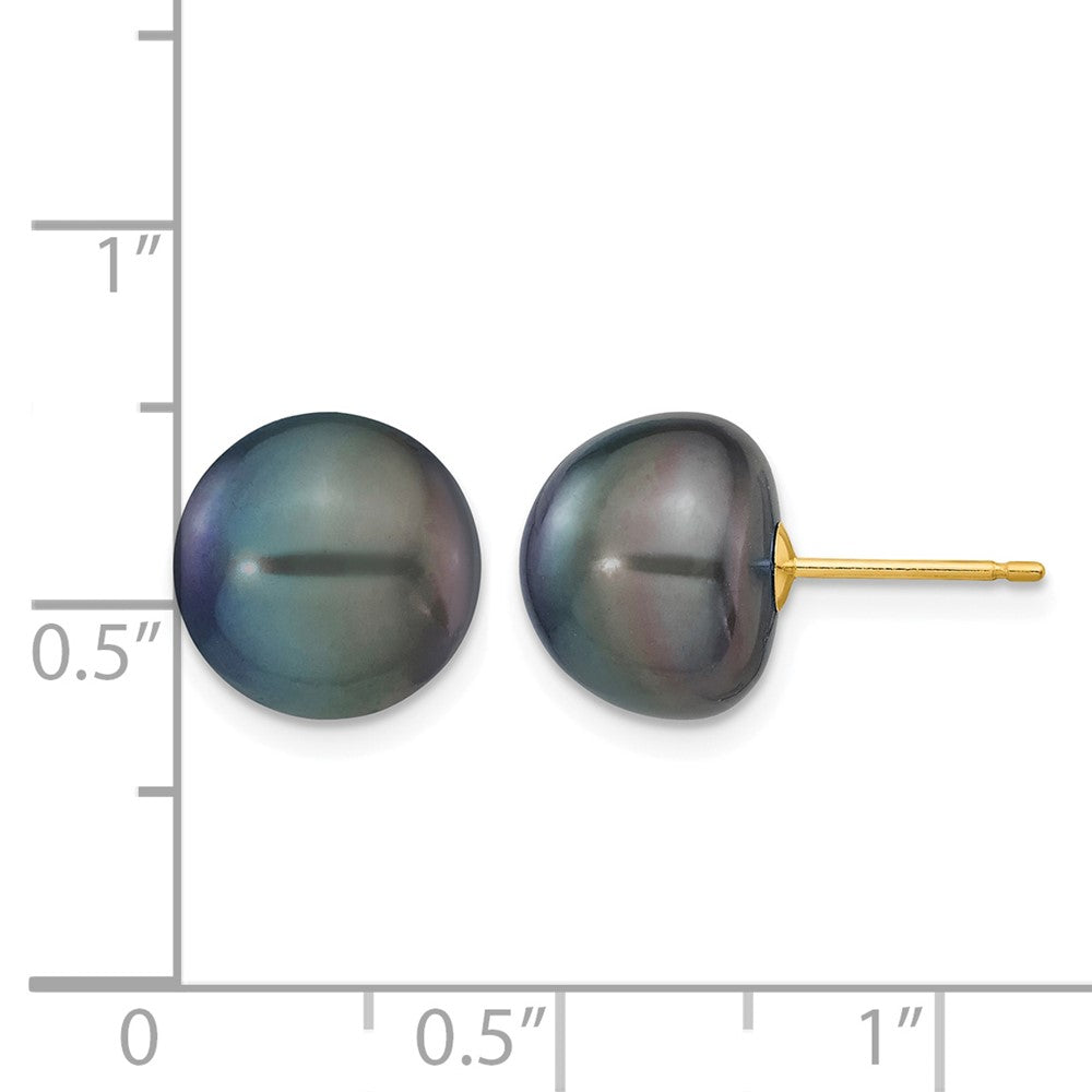 14k 10-11mm Black Button FW Cultured Pearl Stud Post Earrings