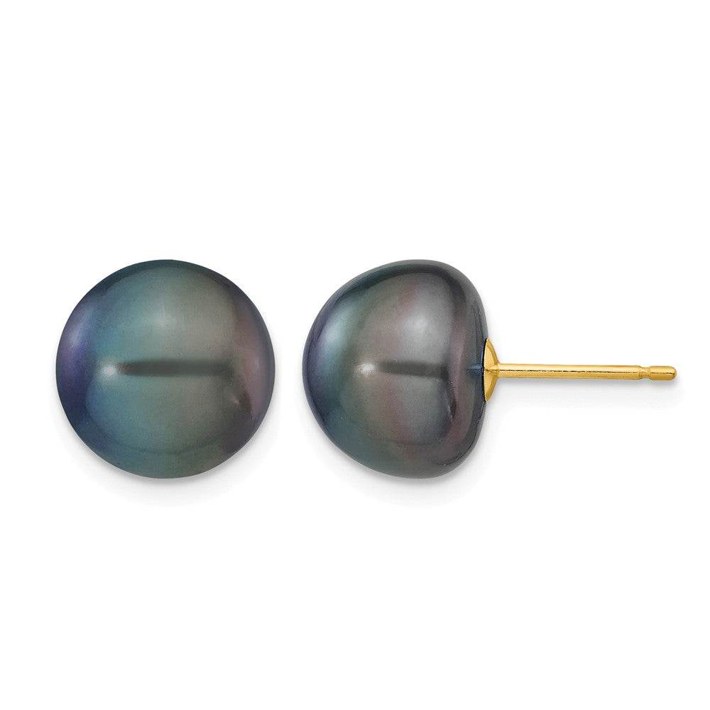 14k 10-11mm Black Button FW Cultured Pearl Stud Post Earrings