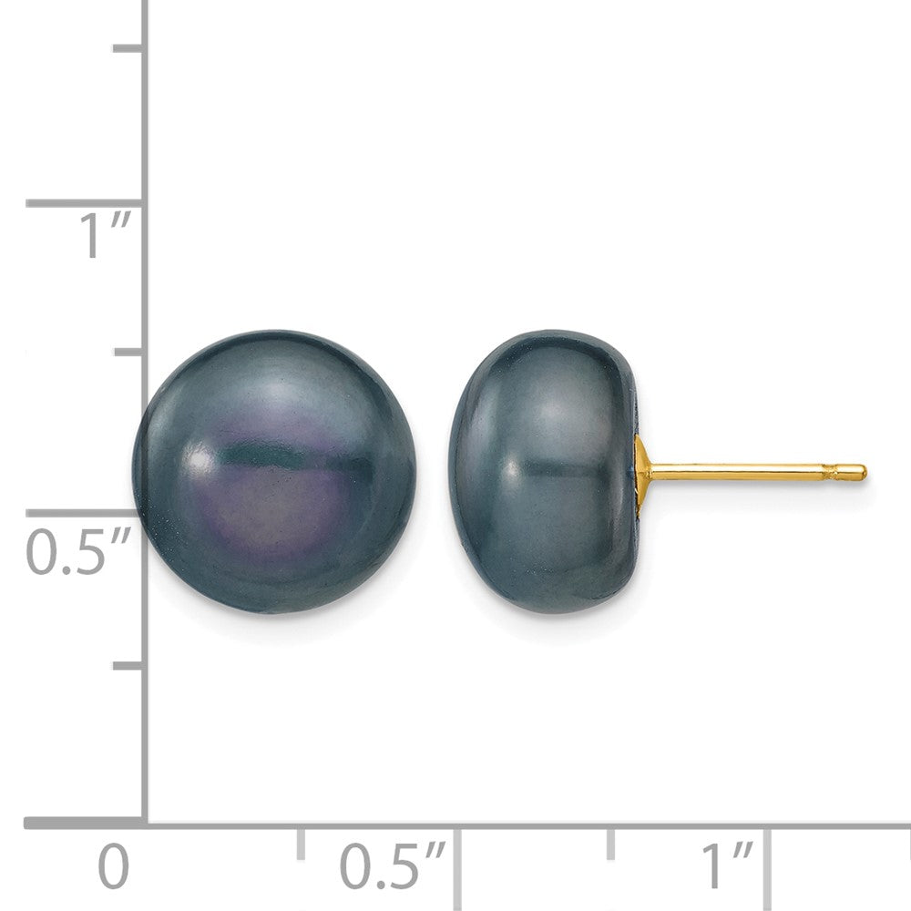 14k 11-12mm Black Button FW Cultured Pearl Stud Post Earrings
