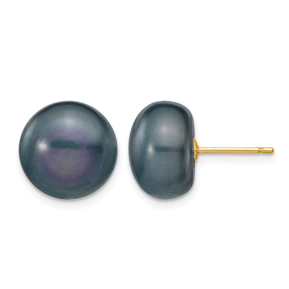 14k 11-12mm Black Button FW Cultured Pearl Stud Post Earrings