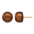 14k 11-12mm Brown Button Freshwater Cultured Pearl Stud Post Earrings