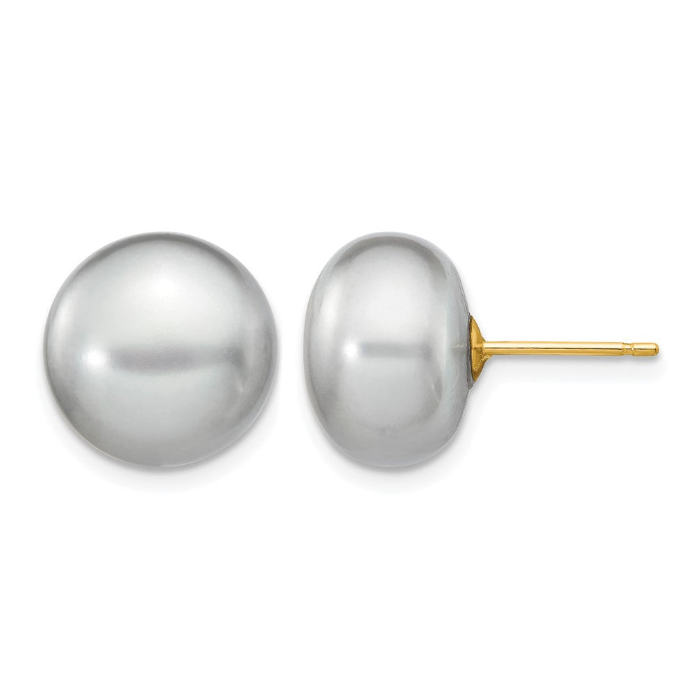 14k 11-12mm Grey Button FW Cultured Pearl Stud Post Earrings