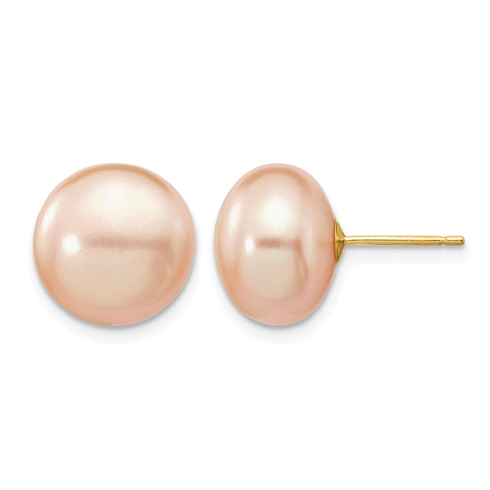 14k 11-12mm Pink Button FW Cultured Pearl Stud Post Earrings