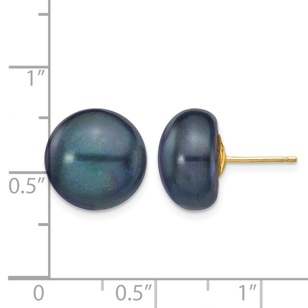 14k 12-13mm Black Button FW Cultured Pearl Stud Post Earrings
