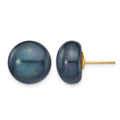 14k 12-13mm Black Button FW Cultured Pearl Stud Post Earrings