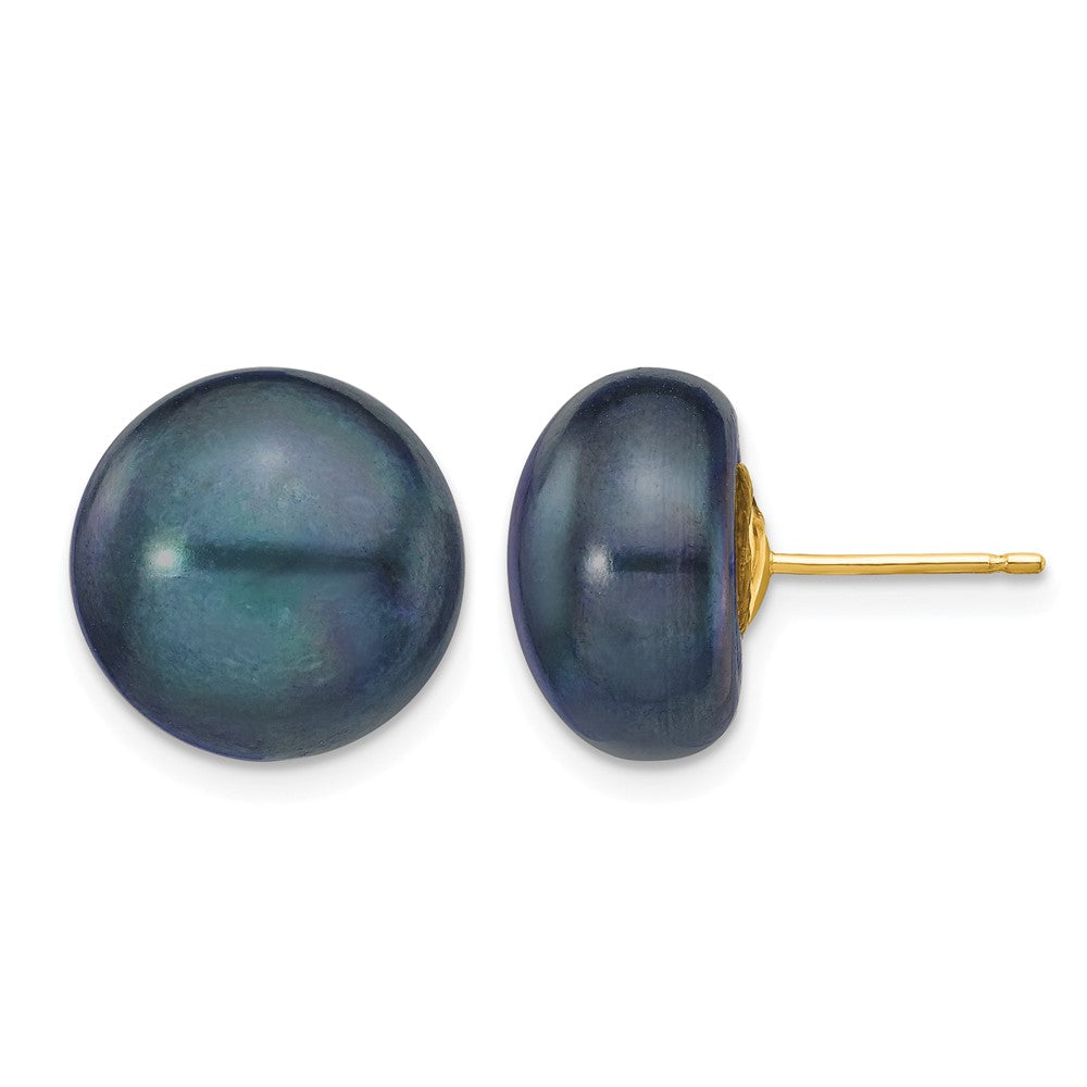14k 12-13mm Black Button FW Cultured Pearl Stud Post Earrings