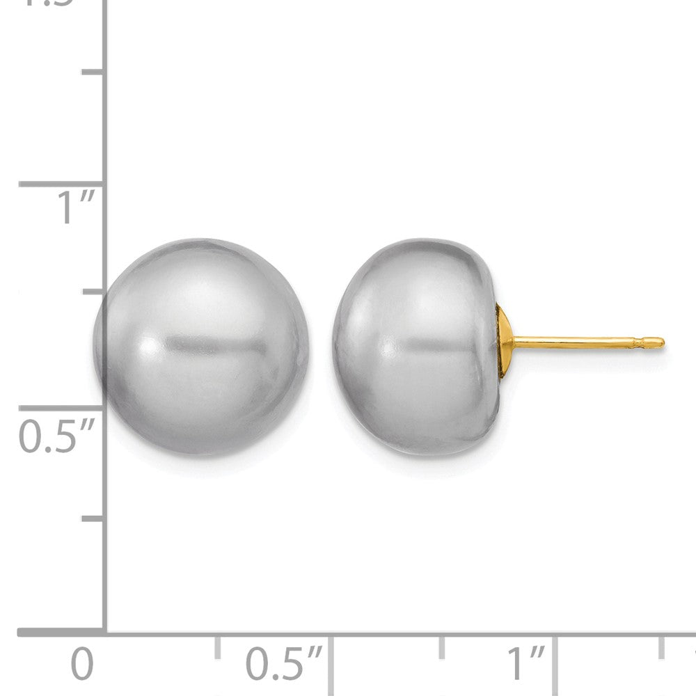 14k 12-13mm Grey Button FW Cultured Pearl Stud Post Earrings