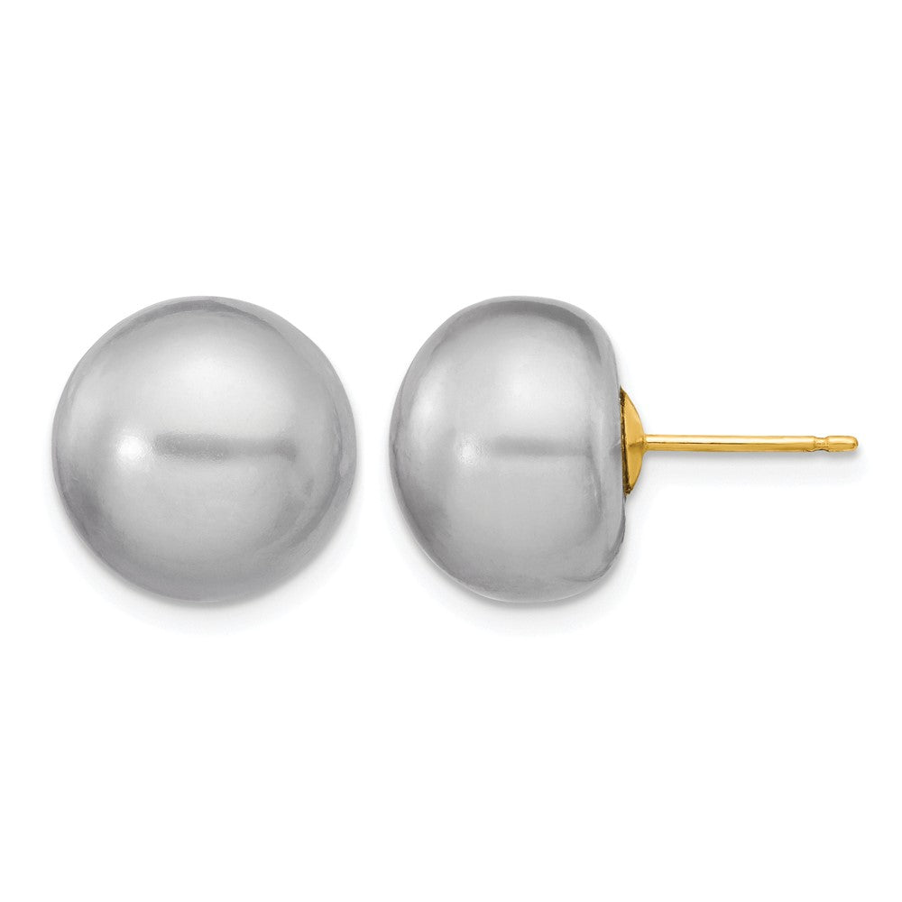 14k 12-13mm Grey Button FW Cultured Pearl Stud Post Earrings