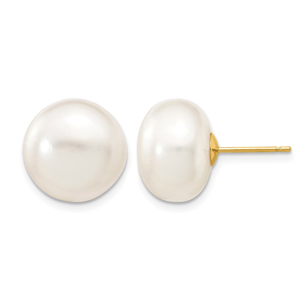 14k 12-13mm White Button Freshwater Cultured Pearl Stud Post Earrings