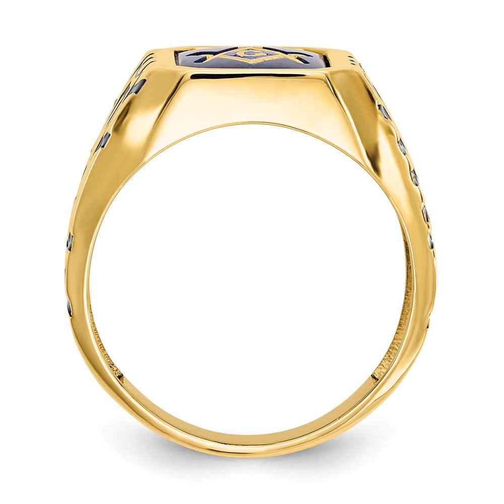 14k Men's Polished, Antiqued and Grooved w/ Imit. Blue Spinel Masonic Ring