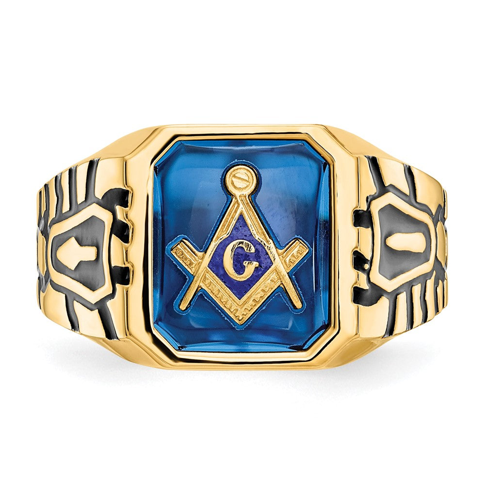 14k Men's Polished, Antiqued and Grooved w/ Imit. Blue Spinel Masonic Ring