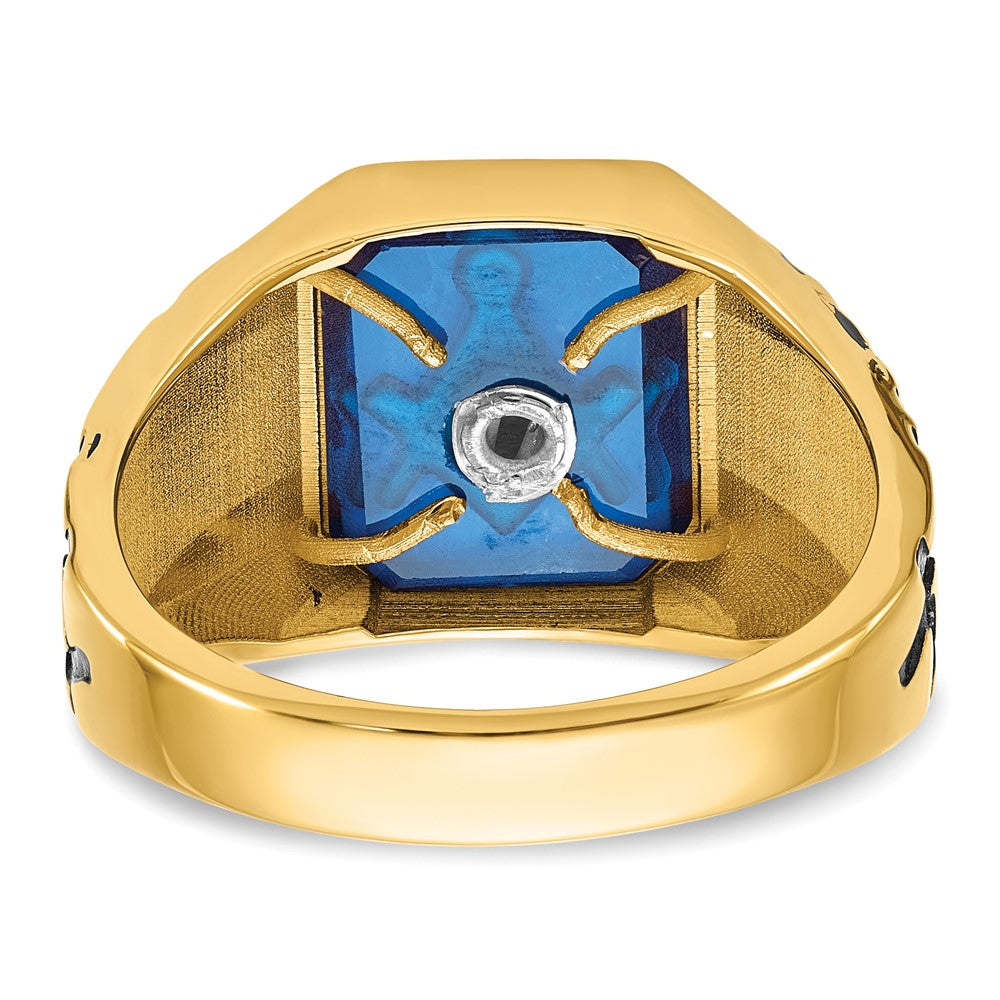 14k Men's Polished, Antiqued and Grooved w/ Imit. Blue Spinel Masonic Ring