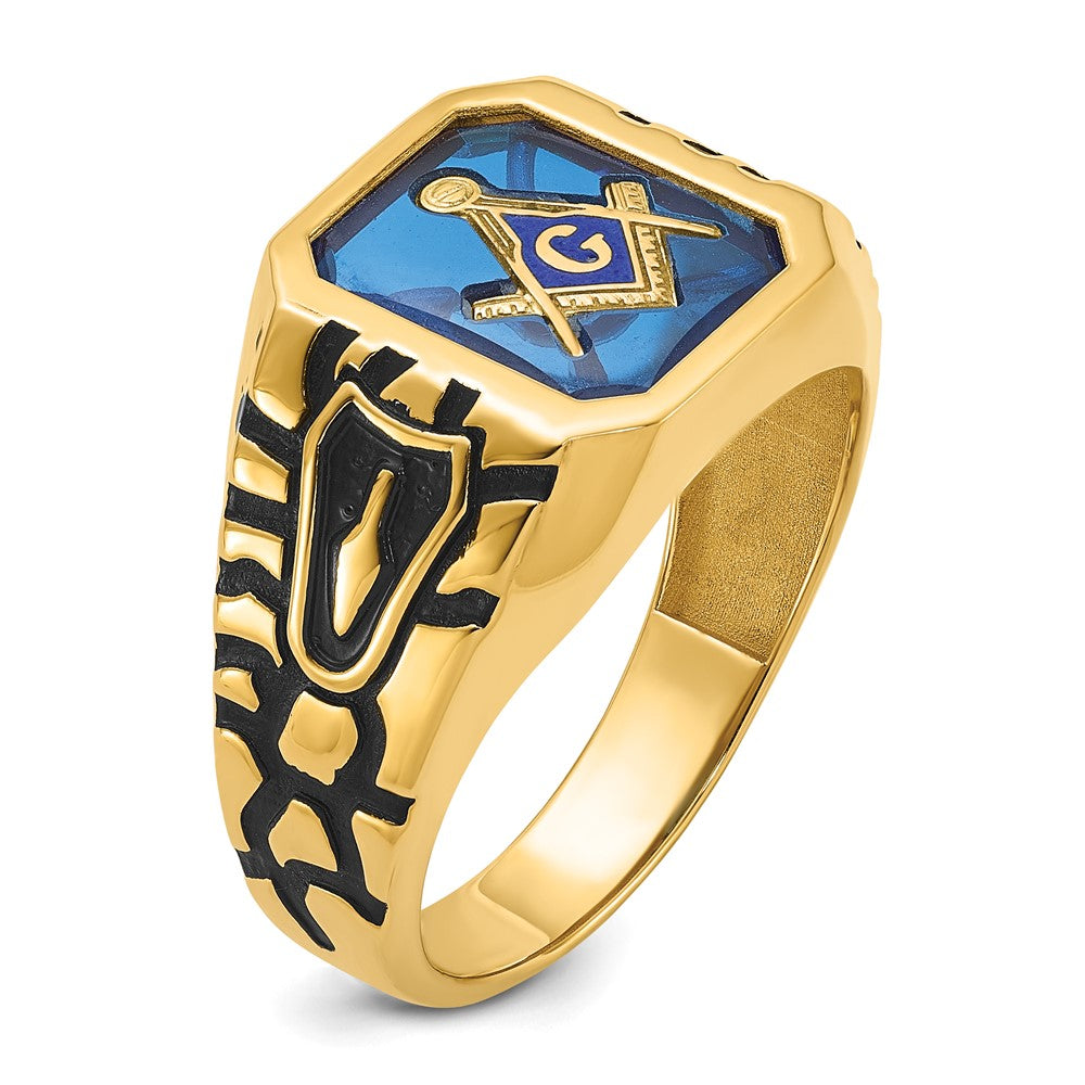 14k Men's Polished, Antiqued and Grooved w/ Imit. Blue Spinel Masonic Ring