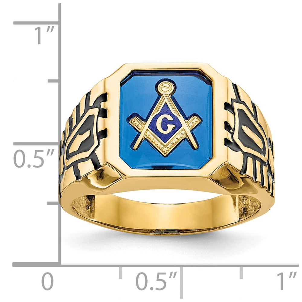 14k Men's Polished, Antiqued and Grooved w/ Imit. Blue Spinel Masonic Ring