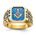 14k Men's Polished, Antiqued and Grooved w/ Imit. Blue Spinel Masonic Ring