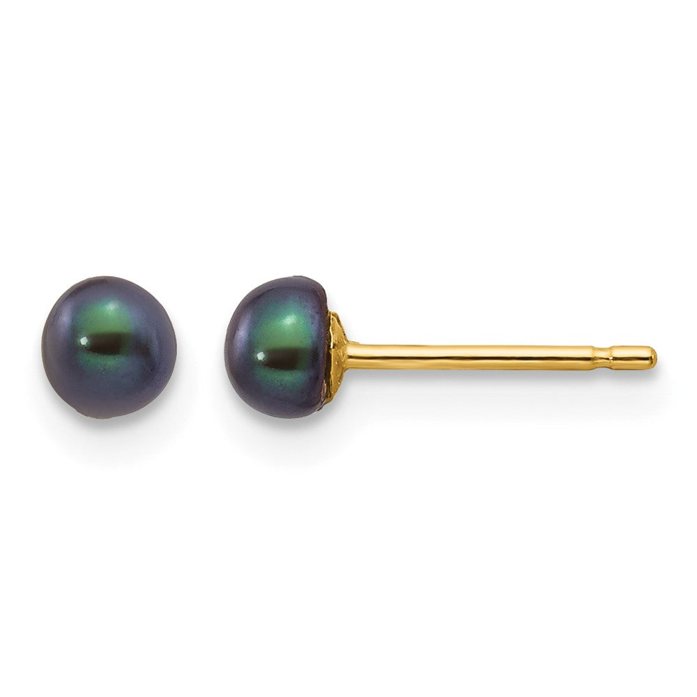 14k 3-4mm Black Button FW Cultured Pearl Stud Post Earrings