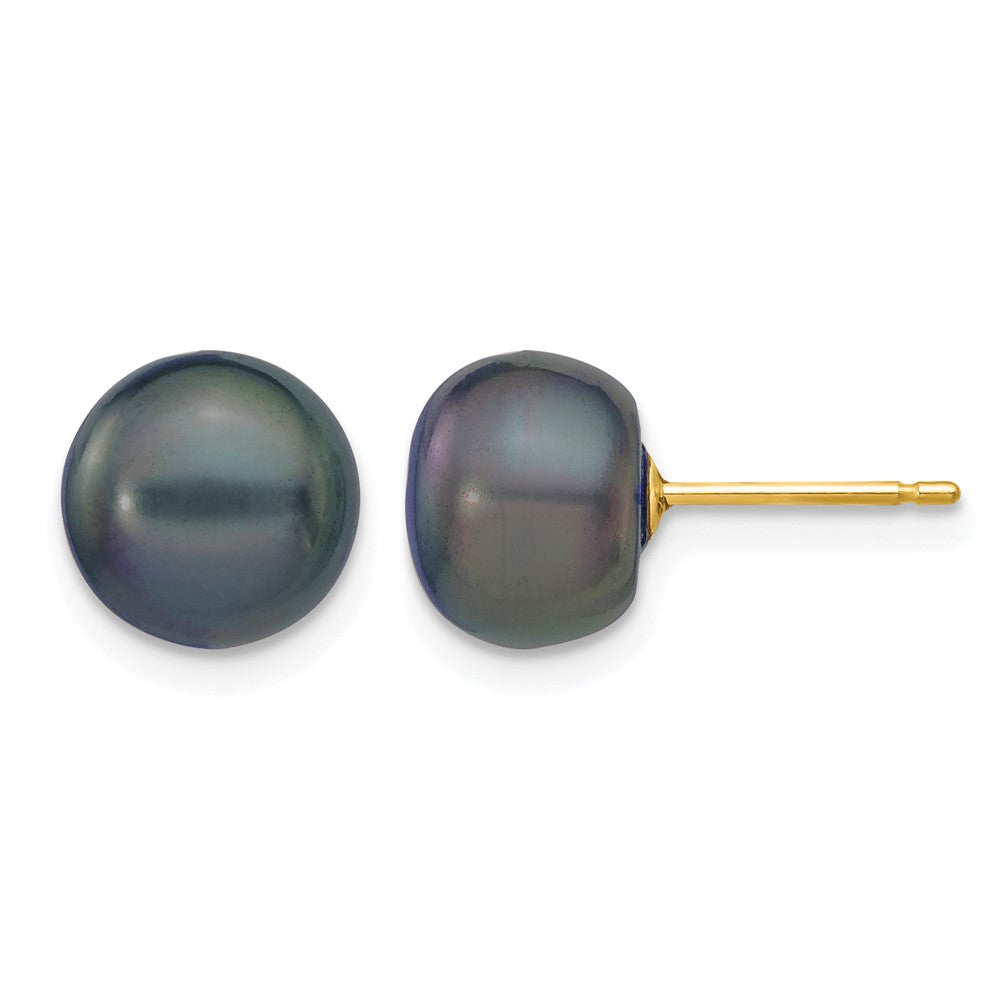 14k 8-9mm Black Button FW Cultured Pearl Stud Post Earrings