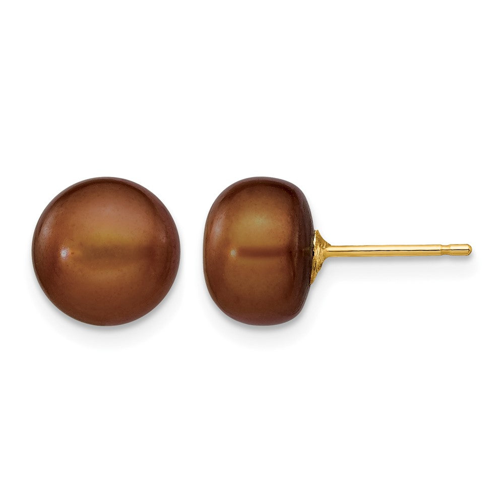 14k 8-9mm Brown Button Freshwater Cultured Pearl Stud Post Earrings