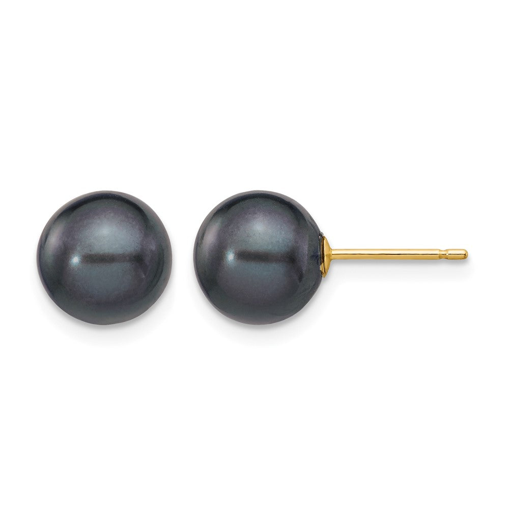 14k 8-9mm Black Round Freshwater Cultured Pearl Stud Post Earrings