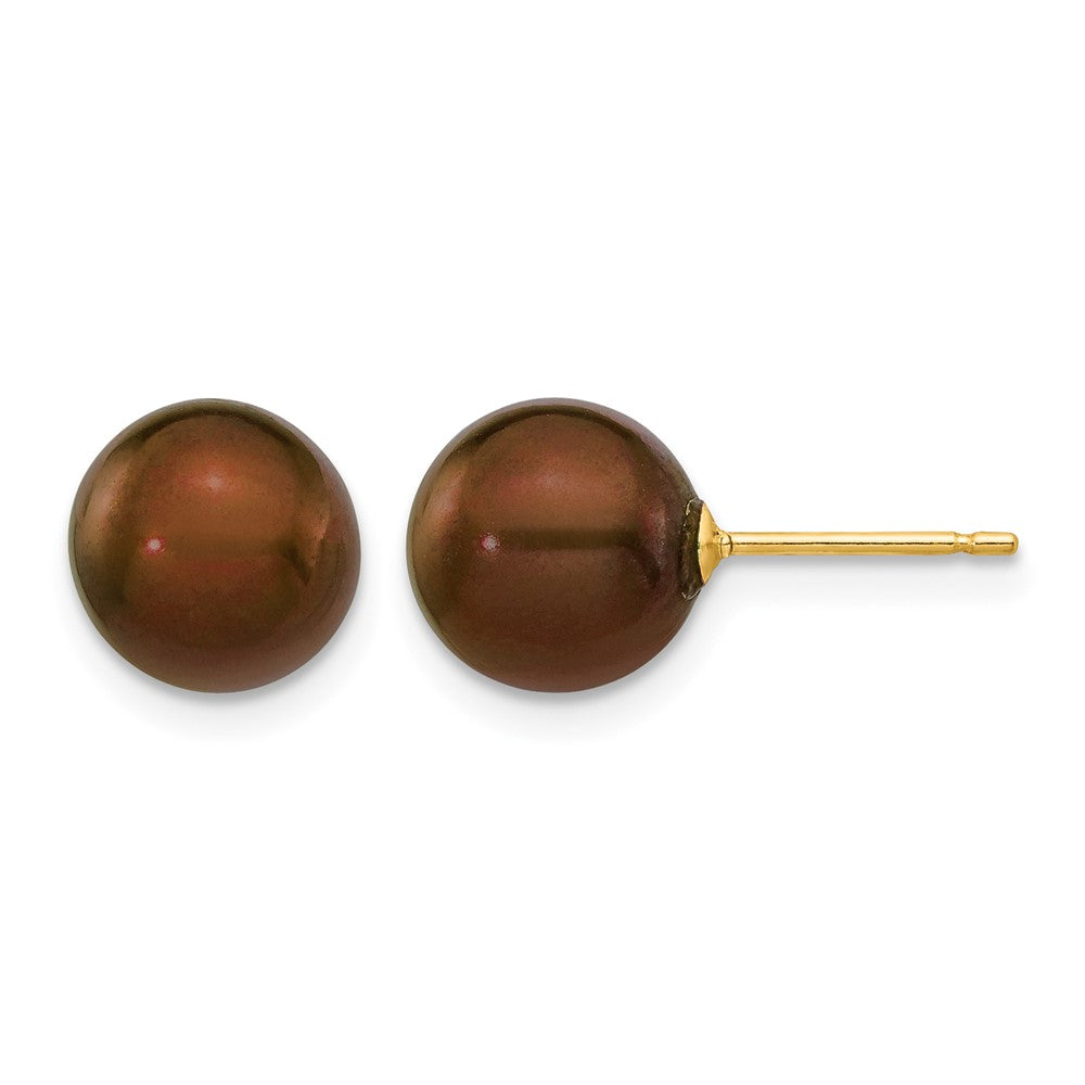 14k 8-9mm Brown Round Freshwater Cultured Pearl Stud Post Earrings