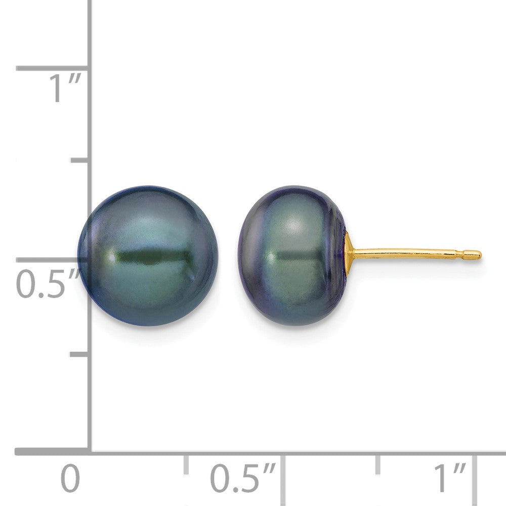 14k 9-10mm Black Button FW Cultured Pearl Stud Post Earrings