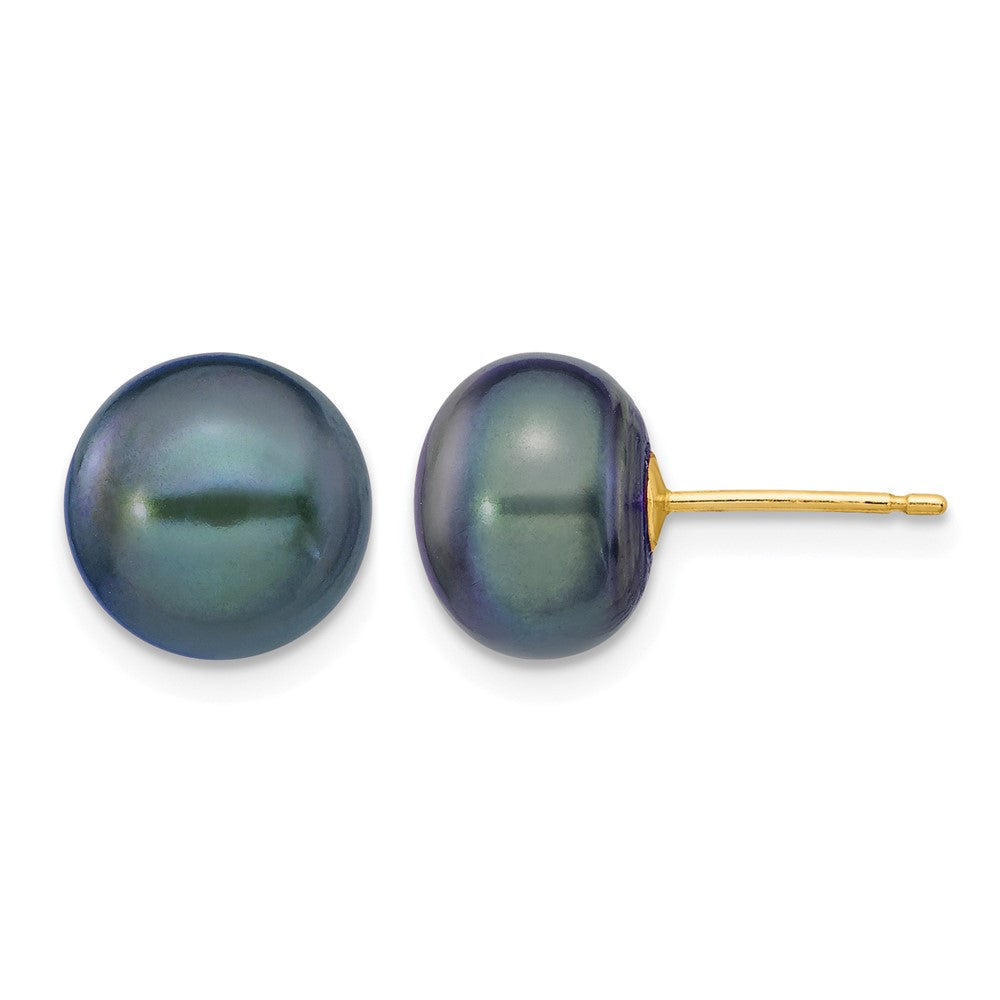 14k 9-10mm Black Button FW Cultured Pearl Stud Post Earrings