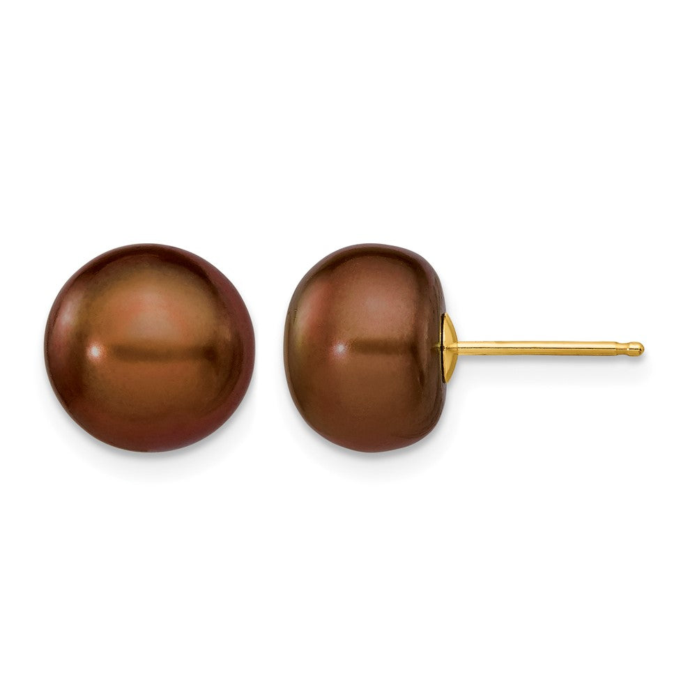 14k 9-10mm Brown Button Freshwater Cultured Pearl Stud Post Earrings