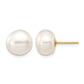 14k 9-10mm White Button Freshwater Cultured Pearl Stud Post Earrings