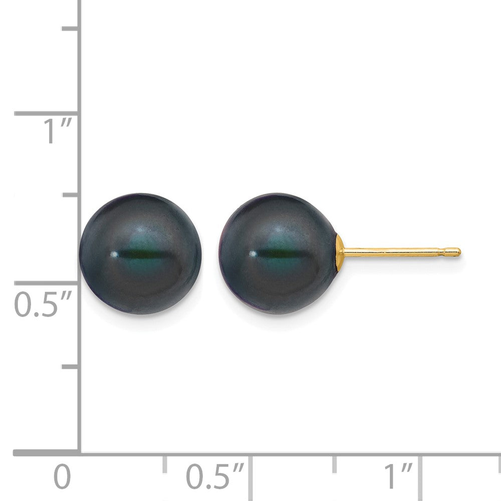 14k 9-10mm Black Round Freshwater Cultured Pearl Stud Post Earrings