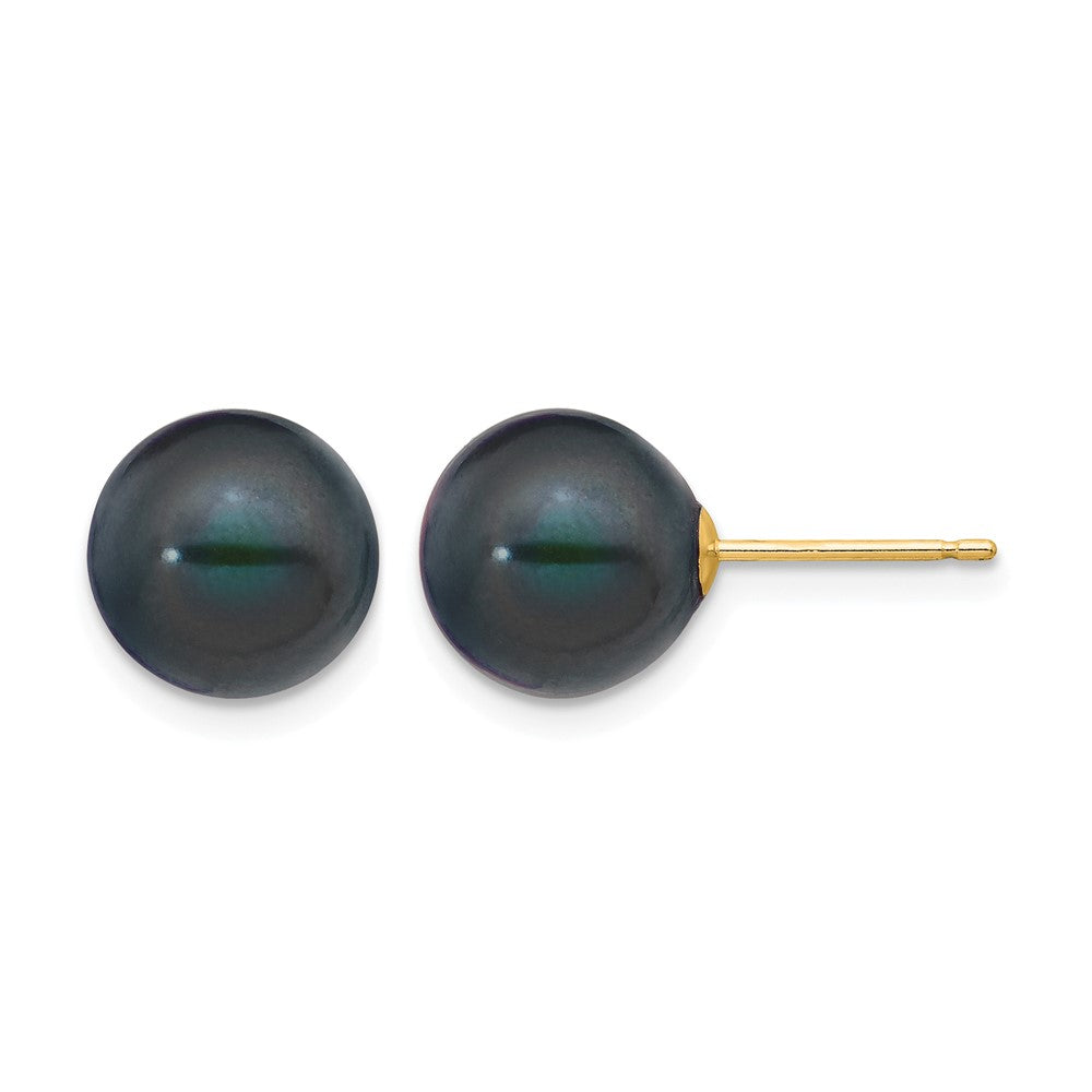 14k 9-10mm Black Round Freshwater Cultured Pearl Stud Post Earrings