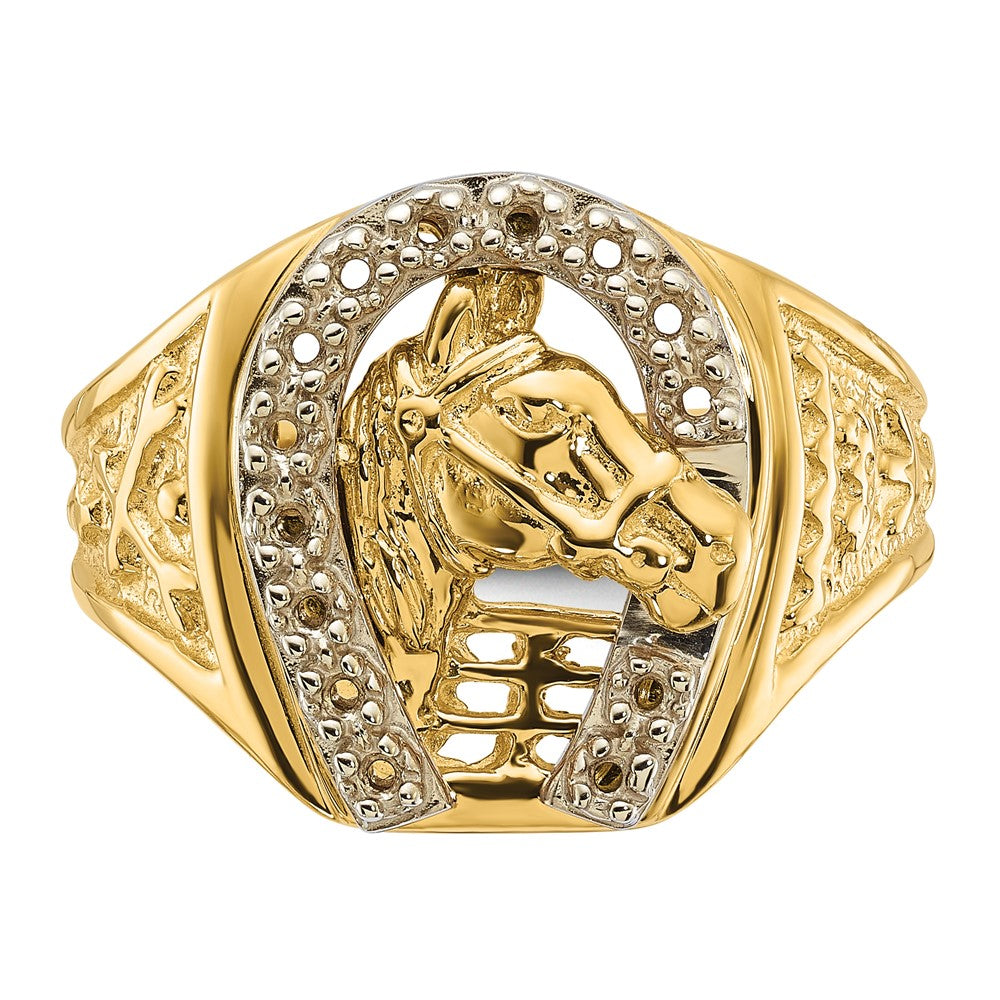 14k Two-Tone Mens Horseshoe with Horse in Center Ring Mounting