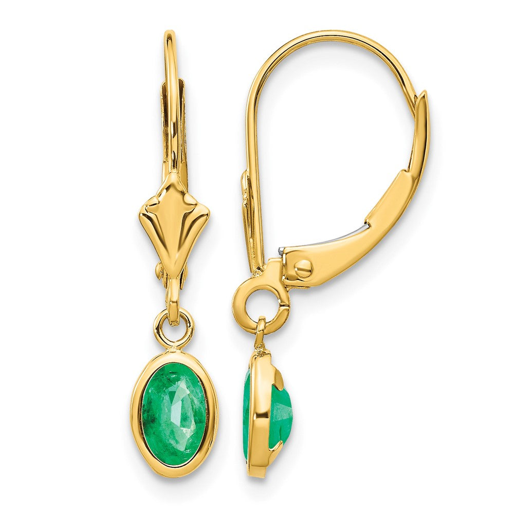 14k 6x4 Oval Bezel May/Emerald Leverback Earrings
