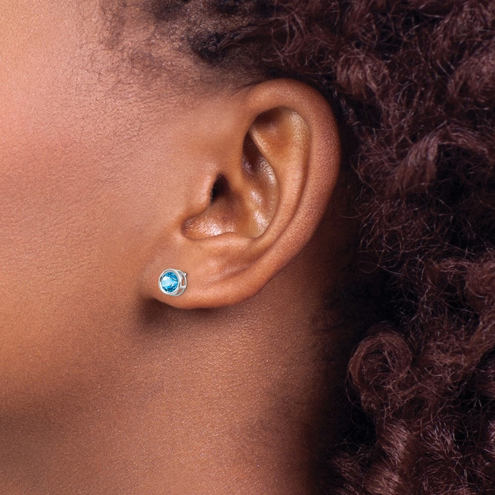 14k White Gold 5mm Bezel Blue Topaz Stud Earrings