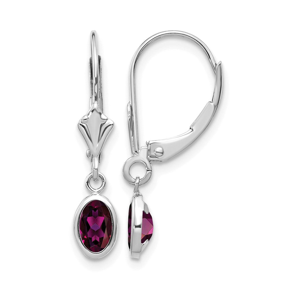 14k White Gold 6x4 Oval Bezel June/Rhodolite Leverback Earrings
